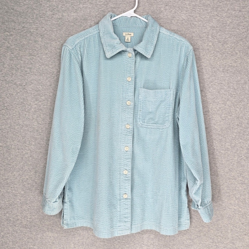LL Bean Womens Medium Teal Blue Corduroy Button Down Shirt Long Sleeve Pocket